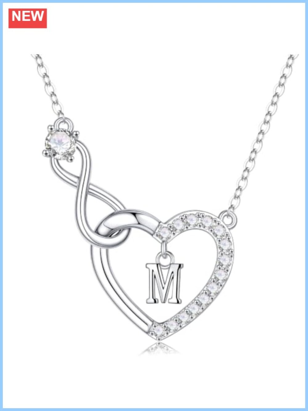 14K White Gold Plated Infinity Heart Initial Pendant Necklace with Cubic